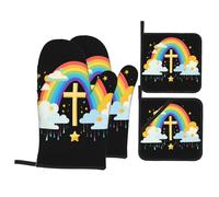 YYHWHJDE Rainbow After The Rain Prints Heavy-Duty Oven Layers: 4-Piece Waterproof, Heat Resistant Kitchen Protection Set for Safe Handling & Long-Lasting Durability