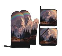 YYHWHJDE Rainbow behind the mountains Prints Kitchen baking set, oven gloves, thickened and insulated four piece suit