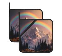 YYHWHJDE Rainbow behind the mountains Prints Square pot mat two-piece set, insulated, thickened, waterproof, easy to clean