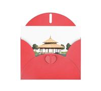 YYHWHJDE Red Greeting Card Pavilion at the pond Pattern for Festive Birthday Party Invitation