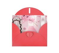 YYHWHJDE Red Greeting Card Pink cherry blossom staircase Pattern for Christmas, Children's Birthday, Valentine's Day, and Party Invitation