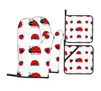 YYHWHJDE Red Ladybug Oven Mitts and Pot Holders Set, Waterproof Polyester, Black, 21x21 cm, 4 Piece