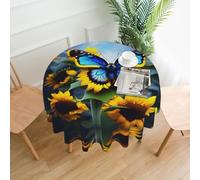 YYHWHJDE Round Decorative Tablecloth 60in Sunflower Blue Butterfly Prints for Indoor and Outdoor Use on Round Tables Like Coffee Tables, Dining Tables, and Farm Tables