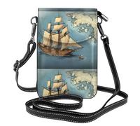 YYHWHJDE Sailboat Drifting On The Sea Map Prints Small Leather Women'S Crossbody Flip Phone Bag, Waterproof And Durable