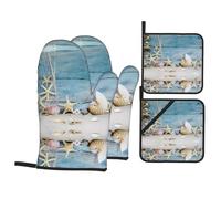 YYHWHJDE Shell Starfish Pattern Oven Mitts and Pot Holders, Waterproof Polyester, Black, 21x21 Centimeters, 4 Piece Set