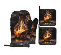 YYHWHJDE Shining Oil lamp Prints Kitchen Baking 4-Piece Set - Insulated Oven Mitt and Pot Holders Anti-scalding and Heat Insulation