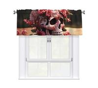 YYHWHJDE Short Curtains with Valance Rod 54x18in Sugar Horror Skull Flowers Rose Picture for Kitchen, Bathroom, Laundry Room, Studio, Fits Most Standard or Decorative Curtain Rods