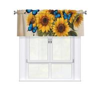 YYHWHJDE Short Curtains with Valance Rod 54x18in Yellow Sunflowers with Blue Butterflies Picture for Kitchen, Bathroom, Laundry Room, Studio, Fits Most Standard or Decorative Curtain Rods