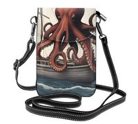 YYHWHJDE Small Cell Phone Purse 7.6x4.9in Octopus And Boat Pattern Leather Crossbody Flap Phone Case For Women, Perfect For Walking, Camping Black