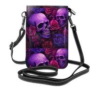 YYHWHJDE Small Cell Phone Purse 7.6x4.9in Purple Skulls And Roses Pattern Leather Crossbody Flap Phone Case For Women, Perfect For Walking, Camping
