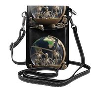 YYHWHJDE Small Cell Phone Purse 7.6x4.9in Skeletons In The Globe Picture Leather Crossbody Flap Phone Case For Women, Perfect For Walking, Camping Black