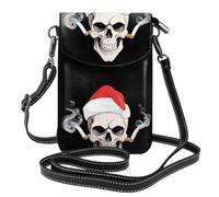 YYHWHJDE Small Cell Phone Purse 7.6x4.9in Skull Wearing Santa Hat Smoking Picture Leather Crossbody Flap Phone Case For Women, Perfect For Walking, Camping Black