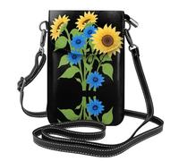 YYHWHJDE Small Cell Phone Purse 7.6x4.9in Sunflowers Among Blue Flowers Pattern Leather Crossbody Flap Phone Case For Women, Perfect For Walking, Camping