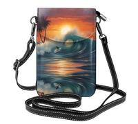YYHWHJDE Small Cell Phone Purse 7.6x4.9in Sunset Sea Surfing Seascape Pattern Leather Crossbody Flap Phone Case For Women, Perfect For Walking, Camping Black
