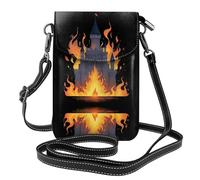 YYHWHJDE Small Cell Phone Purse 7.6x4.9in The Castle Burning Flames Pattern Leather Crossbody Flap Phone Case For Women, Perfect For Walking, Camping