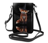 YYHWHJDE Small Cell Phone Purse 7.6x4.9in The Fox Wearing A Witch Hat Pattern Leather Crossbody Flap Phone Case For Women, Perfect For Walking, Camping Black
