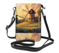 YYHWHJDE Small Cell Phone Purse 7.6x4.9in The Windmill On The Grassland Pattern Leather Crossbody Flap Phone Case For Women, Perfect For Walking, Camping
