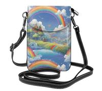YYHWHJDE Small Cell Phone Purse 7.6x4.9in Village Under The Rainbow Pattern Leather Crossbody Flap Phone Case For Women, Perfect For Walking, Camping