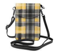 YYHWHJDE Small Cell Phone Purse 7.6x4.9in Yellow Gray Black Plaid Pattern Leather Crossbody Flap Phone Case For Women, Perfect For Walking, Camping