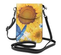 YYHWHJDE Small Cell Phone Purse 7.6x4.9in Yellow Sunflowers With Blue Butterflies Pattern Leather Crossbody Flap Phone Case For Women, Perfect For Walking, Camping