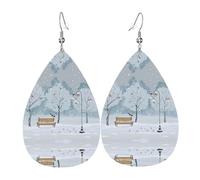 YYHWHJDE Snow Falling In The Park Prints Teardrop Leather Earrings - Lightweight Dangle Earrings for Women, Vivid Faux Leather Drops with Silver Plated Hooks, Chic Jewelry for Parties & Gifts