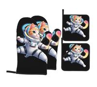 YYHWHJDE Space cat in The Starry Sky Printed Kitchen Baking Set of 4 Thick Insulated Oven Mitt & Pot Holders, Anti-Scalding for Microwave, Oven, Outdoor BBQ