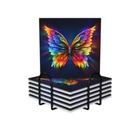 YYHWHJDE Square 6 Ceramic Coasters Rainbow Butterfly Picture : Non-Slip Cork Bottom Fits All Coffee Cups Glasses and Mugs