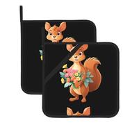 YYHWHJDE Squirrel holding a big bouquet of flowers Picture Square Insulated Pot Mat 2-piece Set for Heat Insulation During Lid Removal, Microwave, Oven, and Outdoor Grilling Use