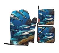 YYHWHJDE Submarine Shark Coral Pattern Kitchen Baking 4-Piece Set - Insulated Oven Mitt and Pot Holders Anti-scalding and Heat Insulation