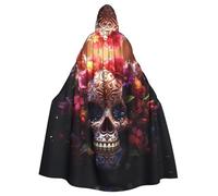 YYHWHJDE Sugar Horror Skull and Flowers Prints Halloween Adult Hooded Cloak for Parties and Costumes