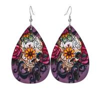 YYHWHJDE Sugar Horror Skull Flowers Rose Prints Teardrop Leather Earrings - Lightweight Dangle Earrings for Women, Vivid Faux Leather Drops with Silver Plated Hooks, Chic Jewelry for Parties & Gifts