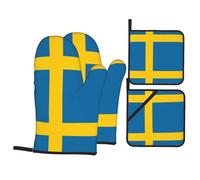 YYHWHJDE Swedish flag Pattern Kitchen baking four-piece set Includes 2 Insulated Gloves and 2 Pot Lid Pads with Pockets anti-scalding and heat-insulating