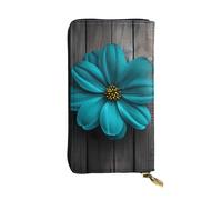 YYHWHJDE Teal Flower on Wooden Plank Picture Quality Leather Long Clutch Wallet Designed for Fashion Girls and Women Stylish 7.48 x 4.13 in