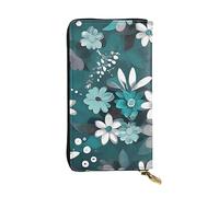 YYHWHJDE Teal Grey and White Floral Printing Quality Leather Long Clutch Wallet Designed for Fashion Girls and Women Stylish 7.48 x 4.13 in