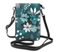 YYHWHJDE Teal Grey And White Floral Prints Small Leather Women'S Crossbody Flip Phone Bag, Waterproof And Durable