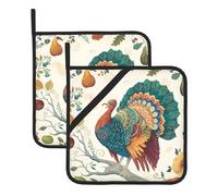 YYHWHJDE Thanksgiving Turkey Prints Square Hot Pads for Kitchen Counters - Waterproof Pot Covers with Hanging Loop for Serving & BBQ, Set of 2 (One with Pocket)