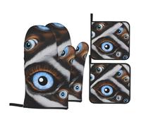 YYHWHJDE The Evil Eye Looked Pattern Kitchen Baking 4-Piece Set - Insulated Oven Mitt and Pot Holders Anti-scalding and Heat Insulation