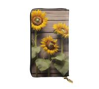 YYHWHJDE Three Sunflowers on Wooden Printing Quality Leather Long Clutch Wallet Designed for Fashion Girls and Women Stylish 7.48 x 4.13 in