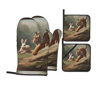 YYHWHJDE Tiger Chasing Rabbit Printed Kitchen Baking Set of 4 Thick Insulated Oven Mitt & Pot Holders, Anti-Scalding for Microwave, Oven, Outdoor BBQ