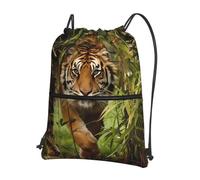 YYHWHJDE Tiger in The Jungle Prints Drawstring Backpack Waterproof Gym Bag - Lightweight Foldable Sport Cover with Zipper Pocket for Travel Hiking
