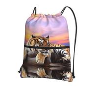 YYHWHJDE Tiger Lying on Wood Prints Drawstring Backpack - Lightweight Waterproof Gym Bag with Zipper Pocket - Ideal for Travel, Yoga & Sports