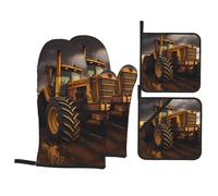 YYHWHJDE Tractor in The Field Pattern Kitchen Baking 4-Piece Set - Insulated Oven Mitt and Pot Holders Anti-scalding and Heat Insulation