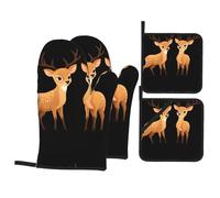 YYHWHJDE Two Cute sika Deer Pattern Kitchen Baking 4-Piece Set - Insulated Oven Mitt and Pot Holders Anti-scalding and Heat Insulation
