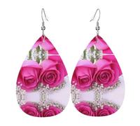 YYHWHJDE Two Pink Roses Prints Teardrop Leather Earrings - Lightweight Dangle Earrings for Women, Vivid Faux Leather Drops with Silver Plated Hooks, Chic Jewelry for Parties & Gifts