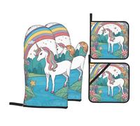 YYHWHJDE Unicorns by The River Prints Kitchen Baking 4-Piece Set - Insulated Oven Mitt and Pot Holders Anti-scalding and Heat Insulation