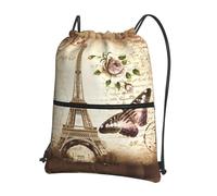 YYHWHJDE Vintage Paris Eiffel Tower Butterfly Prints Drawstring Backpack - Water-Resistant Polyester Throw Bag for Gym, Travel & Hiking - Lightweight, Durable & Compact