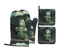 YYHWHJDE Waiting Green Bear Pattern Kitchen Baking 4-Piece Set - Insulated Oven Mitt and Pot Holders Anti-scalding and Heat Insulation