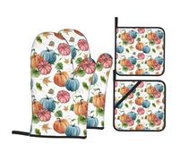 YYHWHJDE Watercolor Bright Pumpkin Oven Mitts and Pot Holders Set, Waterproof Polyester, Black, 21x21 cm, 4 Piece