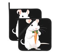 YYHWHJDE White rat eating carrots Prints Square pot mat two-piece set, insulated, thickened, waterproof, easy to clean
