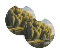 YYHWHJDE Willow Trees by The Lake Pattern Car Coasters 2 Pack - Durable Waterproof Cup Holder Coasters for Car Interior Protection and Decoration